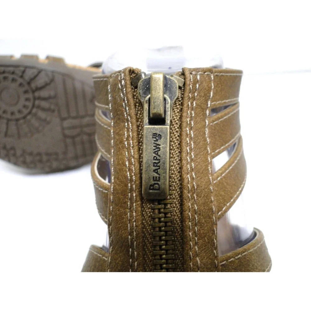 Bearpaw Womens Strappy Gladiator Cork Wedge Sandals Brown Front Zip 02996-00 6W
